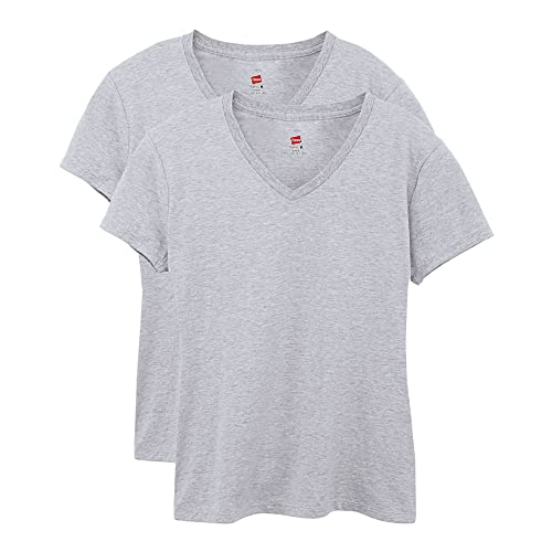 Hanes Damen Perfect V-Ausschnitt, Baumwolle, Kurzärmelig, 1er T-Shirt, Light Steel 2er-Pack, Groß von Hanes