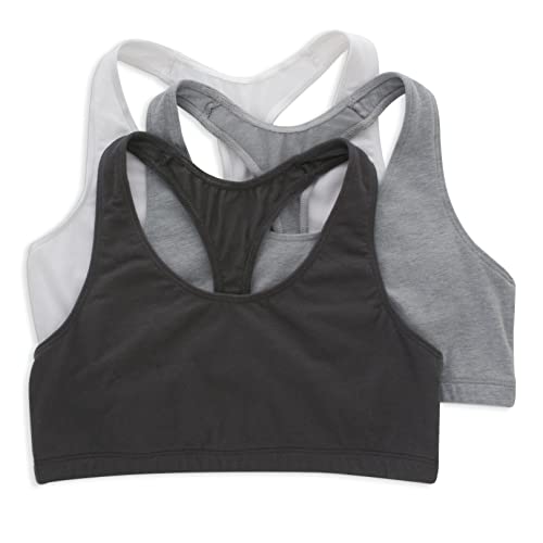 Hanes Damen Racerback Bralette, Stretch Cotton Knit Low-Impact, Feuchtigkeitsableitende Baumwolle T-Back Bra Top, 3er Pack BH, Weiß/Beton Heather/Schwarz, Large von Hanes