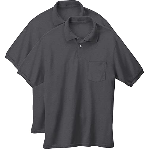 Hanes Herren EcoSmart Poloshirt Sport Kurzarm Shirt 2er Pack Polohemd, Dunkelgrau meliert, Klein von Hanes