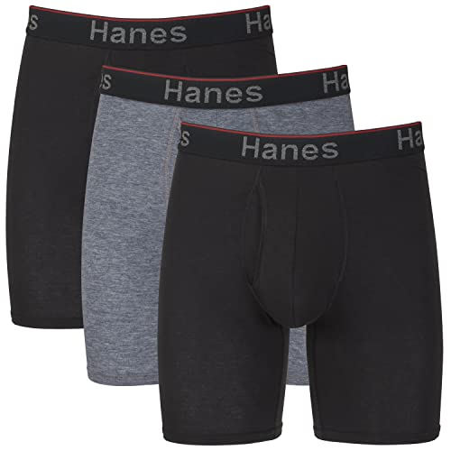 Hanes Herren Total Support Pouch Boxershorts, Anti-scheuern, Feuchtigkeitstransport, Geruchskontrolle, Retroshorts, Langes Bein – Grau/Schwarz – 3er-Pack, Large von Hanes