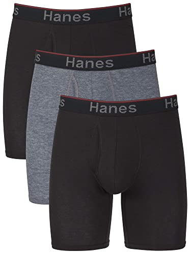 Hanes Herren Total Support Pouch Boxershorts, Anti-scheuern, Feuchtigkeitstransport, Geruchskontrolle, Retroshorts, Langes Bein – Grau/Schwarz – 3er-Pack, XXX-Large von Hanes