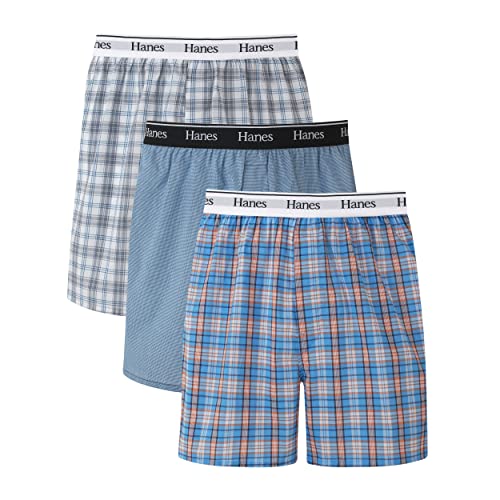 Hanes Herren Originals, Baumwolle, gewebt, feuchtigkeitsableitend, 3er-Pack Boxershorts, Blaue Plaids, Large von Hanes