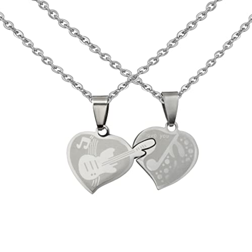 Hanessa 2 Stück Personalisierte Kette mit Gravur Edelstahl 45-60 cm - Herzen mit Gitarre und Musiknote in silber - Halskette für Frauen und Herren - Personalisierter Schmuck Damen Herren - Partner von Hanessa