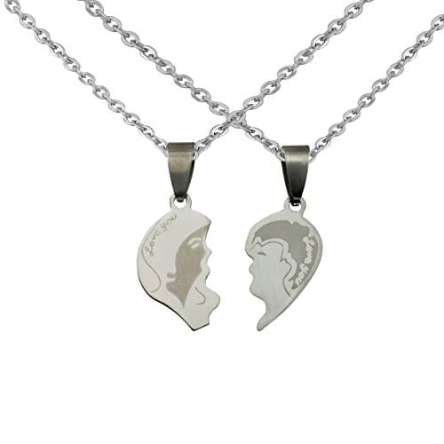 Hanessa 2 Stück Personalisierte Kette mit Gravur Edelstahl 45-60 cm - Herzhälften "Bild Mann und Frau" in silber - Halskette Frauen und Herren - Personalisierter Schmuck Paare Damen Herren Partner von Hanessa