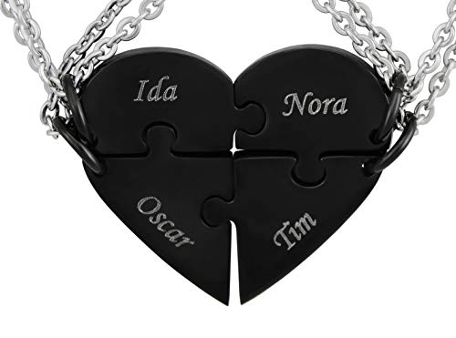 Hanessa 2 Stück Personalisierte Kette mit Gravur Edelstahl 50 cm mit Anhänger Herz Puzzle in schwarz - Personalisierte Geschenke für Damen Herren Freundin Freund - Partner Halskette für Sie und Ihn von Hanessa