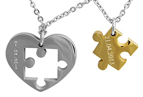 Hanessa 2 Stück Personalisierte Kette mit Gravur Edelstahl 50 cm mit Anhänger Herz Puzzle in silber gold - Personalisierte Geschenke für Damen Herren Freundin Freund - Partner Halskette für Sie Ihn von Hanessa