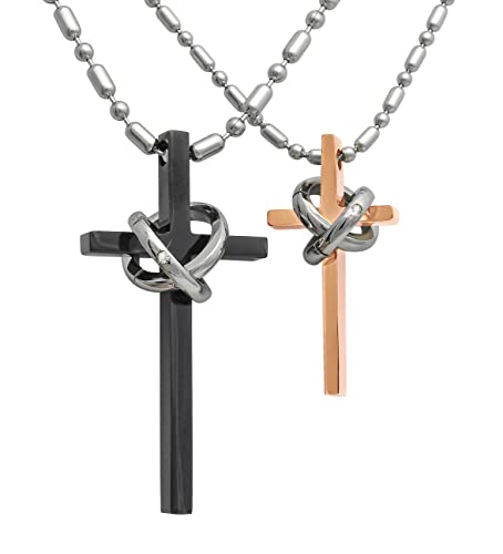Hanessa 2 Stück Personalisierte Kette mit Gravur Edelstahl 55 cm mit Anhänger Kreuz mit Ring in schwarz gold - Personalisierte Geschenke für Damen Herren Freundin Freund - Partner Halskette Sie Ihn von Hanessa