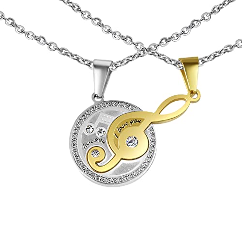 Hanessa 2 Stück Personalisierte Ketten mit Gravur Edelstahl 45-60 cm - Kreis und Musiknote I love you in silber gold - Halsketten Männer Frauen - Personalisierter Schmuck Damen Herren- Partner von Hanessa