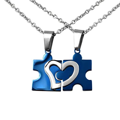 Hanessa 2 Stück Personalisierte Ketten mit Gravur Edelstahl 45-60 cm mit Anhänger Herz Puzzle in blau silber - Halsketten für Männer Frauen - Personalisierter Schmuck Paare Damen Herren Freunde von Hanessa