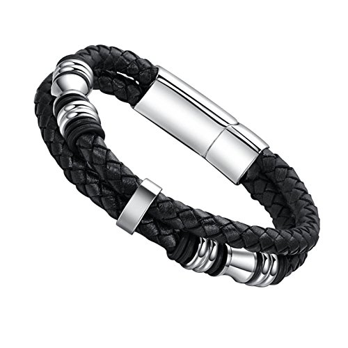 Hanessa 20 cm Echt-Leder Herren Armband Schwarz/Silber vers. Größen Edelstahl Geschenk zu Weihnachten für den Freund/Mann von Hanessa