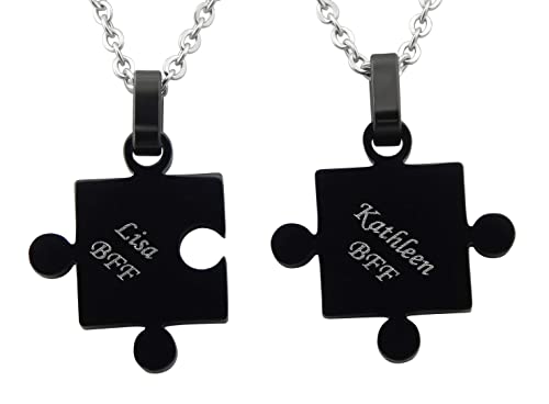 Hanessa 2 Stück Personalisierte Kette mit Gravur Edelstahl 50 cm mit Anhänger Puzzle Teil in schwarz - Personalisierte Geschenke für Damen Herren Freundin Freund - Partner Halskette für Sie und Ihn von Hanessa