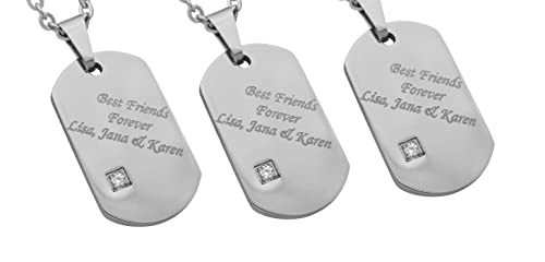 Hanessa 3 Stück Personalisierte Kette mit Gravur Edelstahl 50 cm mit Anhänger Dog Tag mit Strass-Stein in silber - Personalisierte BFF Geschenke Freundin Freund Freundschaft Halskette personalisiert von Hanessa