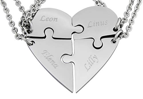 Hanessa 4 Stück Personalisierte Kette mit Gravur Edelstahl 50 cm mit Anhänger Herz Puzzle in silber - Personalisierte BFF Geschenke Freundin Freund Freundschaft - Halskette personalisiert von Hanessa