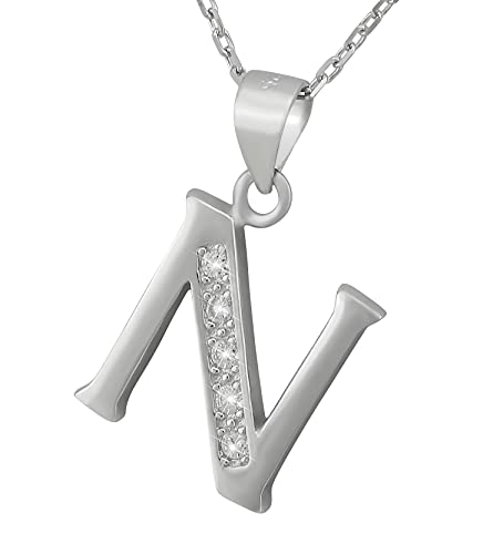 Hanessa 925 Echt-Silber Rhodiniert Damen-Schmuck Hals-Kette und Anhänger aus echtem Silber Buchstabe N mit Zirkonia-Stein Geschenk für die Frau von Hanessa