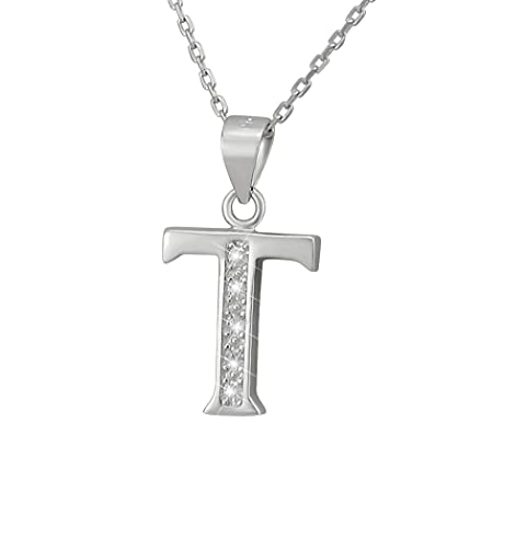 Hanessa 925 Echt-Silber Rhodiniert Damen-Schmuck Hals-Kette und Anhänger aus echtem Silber Buchstabe T mit Zirkonia-Stein Geschenk für die Frau von Hanessa