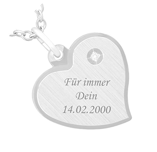 Hanessa 925 Sterling Silber Kette mit Gravur 42 + 3 cm mit Anhänger Herz mit Strass-Stein in silber - Personalisierte Halskette Damen Silberkette Schmuck - Geschenke personalisiert von Hanessa