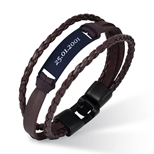 Hanessa Personalisiertes Armband mit Gravur für Männer und Frauen Edelstahl Kunstleder braun Silber Länge 21 cm | Personalisierte Armbänder mit Namen Herren Damen von Hanessa