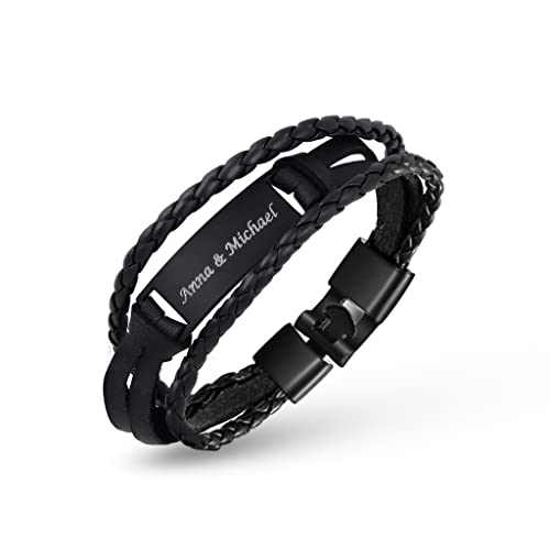 Hanessa Personalisiertes Armband mit Gravur für Männer und Frauen Edelstahl Leder schwarz Silber Länge 21 cm | Personalisierte Armbänder mit Namen Herren Damen von Hanessa