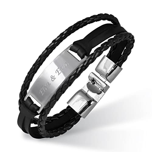 Hanessa Personalisiertes Armband mit Gravur für Männer und Frauen Edelstahl Kunstleder schwarz silber Länge 21 cm | Personalisierte Armbänder mit Namen Herren Damen von Hanessa