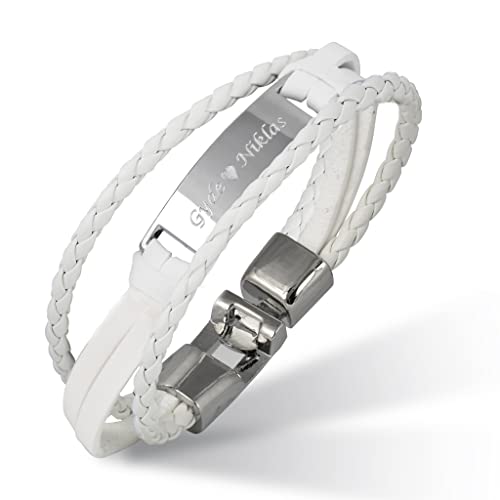 Hanessa Personalisiertes Armband mit Gravur für Männer und Frauen Edelstahl Leder weiß Silber Länge 21 cm | Personalisierte Armbänder mit Namen Herren Damen von Hanessa