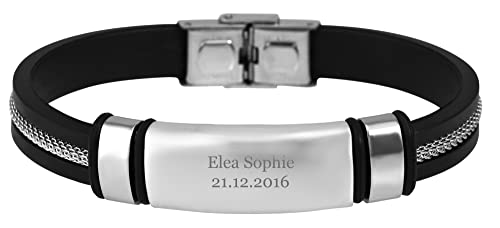 Hanessa Personalisiertes Armband mit Gravur für Männer und Frauen Edelstahl Silikon schwarz silber Länge 21 cm | Personalisierte Armbänder mit Namen Herren Damen von Hanessa