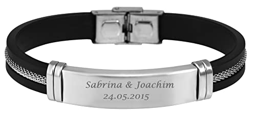 Hanessa Personalisiertes Armband mit Gravur für Männer und Frauen Edelstahl Silikon schwarz silber Länge 21 cm | Personalisierte Armbänder mit Namen Herren Damen von Hanessa