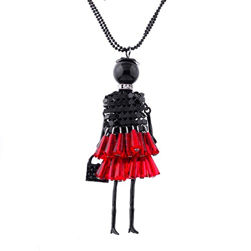 Hanessa Damen-Schmuck schwarze Doppelkugel-Hals-kette Puppe mit Handtasche und Hut-Anhänger Kleid in Rot Schmucksteine Strass-Steine Geschenk zu Weihnachten für die Ehe-Frau/Freundin/Frauen von Hanessa
