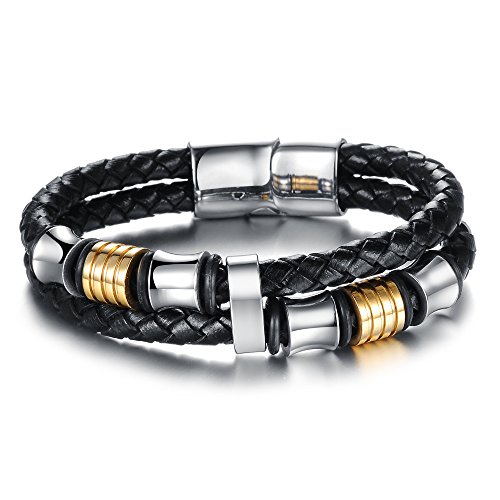 Hanessa Echt-Leder Armband Schwarz/Gold/Silber vers. Größen Edelstahl Geschenk zu Weihnachten für den Freund/Mann von Hanessa