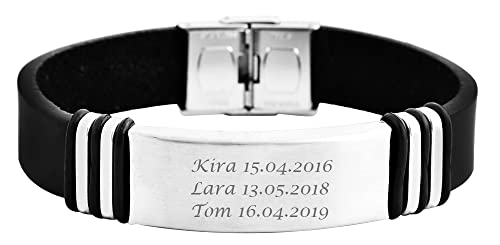Hanessa Personalisiertes Armband mit Gravur für Männer und Frauen Edelstahl Leder schwarz Länge 22 cm | Personalisierte Armbänder mit Namen Herren Damen von Hanessa