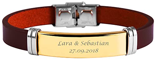 Hanessa Personalisiertes Armband mit Gravur für Männer und Frauen Edelstahl Leder braun Länge 22 cm | Personalisierte Armbänder mit Namen Herren Damen von Hanessa