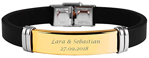 Hanessa Personalisiertes Armband mit Gravur für Männer und Frauen Edelstahl Leder schwarz gold Länge 22 cm | Personalisierte Armbänder mit Namen Herren Damen von Hanessa