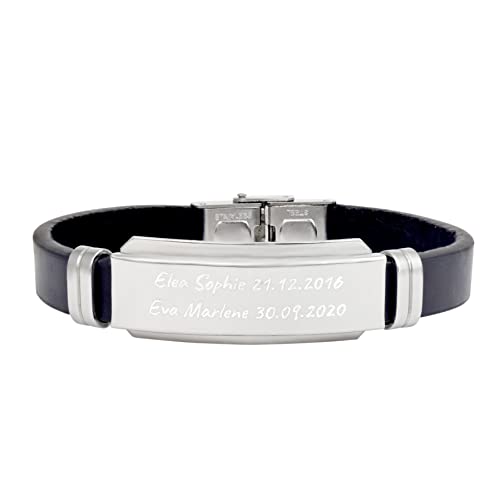 Hanessa Personalisiertes Armband mit Gravur für Männer und Frauen Edelstahl Leder schwarz silber Länge 21 cm | Personalisierte Armbänder mit Namen Herren Damen von Hanessa