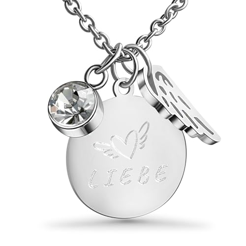 Hanessa Personalisierte Kette mit Gravur Edelstahl 50 cm mit Anhänger Flügel mit Strass-Stein in silber - Personalisierte Halskette für Frauen - Personalisierter Schmuck Damen Kettenanhänger von Hanessa