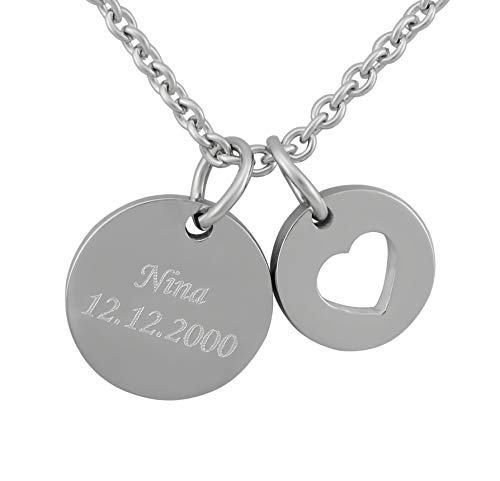 Hanessa Personalisierte Kette mit Gravur Edelstahl 50 cm mit Anhänger Herz rund in silber - Personalisierte Halskette für Frauen - Personalisierter Schmuck Damen Kettenanhänger von Hanessa