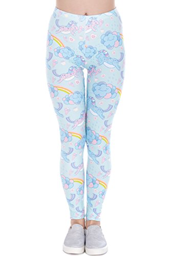 Hanessa Frauen Leggins Hell-Blau Türkis Bedruckte Leggings Hose Frühling Sommer Kleidung Regenbogen Einhorn L29 Geschenk für Mädchen zu Weihnachten von Hanessa