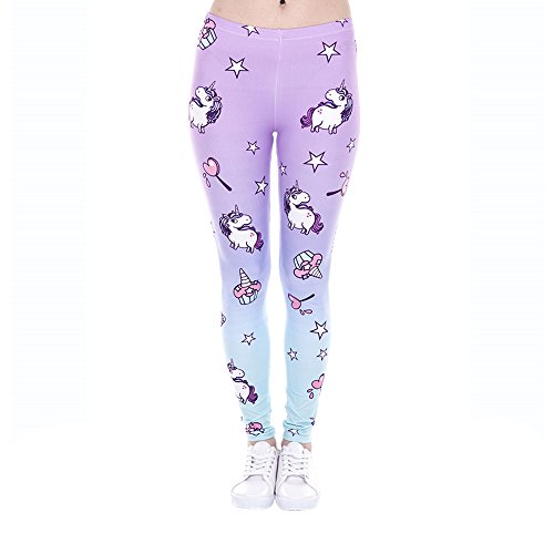 Hanessa Frauen Leggins Lila Türkis Bedruckte Leggings Hose Frühling Sommer Kleidung Einhorn und Süßigkeiten L22 Geschenk für Mädchen zu Weihnachten von Hanessa