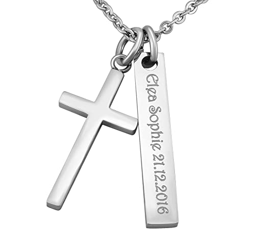 Hanessa Personalisierte Kette mit Gravur Edelstahl 50 cm mit Anhänger Kreuz Rechteck in silber - Personalisierte Geschenke für Kinder und Erwachsene - Halskette Damen Herren Mädchen Jungen von Hanessa