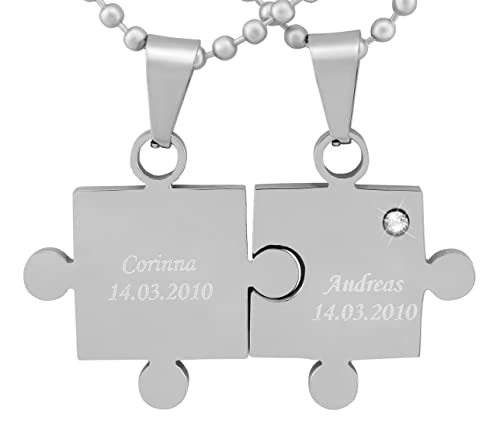 Hanessa 2 Stück Personalisierte Kette mit Gravur Edelstahl 60 cm mit Anhänger Herz Puzzle in silber - Personalisierte Geschenke für Damen Herren Freundin Freund - Partner Halskette für Sie und Ihn von Hanessa