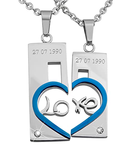 Hanessa 2 Stück Personalisierte Kette mit Gravur Edelstahl 50 cm mit Anhänger Herz mit Datum in silber blau - Personalisierte Geschenke für Damen Herren Freundin Freund - Partner Halskette Sie Ihn Hanessa 2 Stück Personalisierte Kette mit Gravur Edelstahl 50 cm mit Anhänger Herz mit Datum in silber blau - Personalisierte Geschenke für Damen Herren Freundin Freund - Partner Halskette Sie Ihn von Hanessa