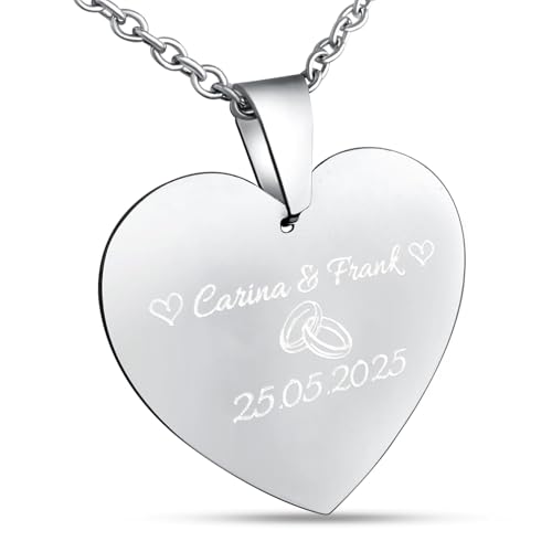 Hanessa Personalisierte Kette mit Gravur Edelstahl 50 cm mit Anhänger Herz in silber - Personalisierte Halskette für Männer und Frauen - Personalisierter Schmuck Damen Herren von Hanessa