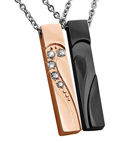 Hanessa 2 Stück Personalisierte Kette mit Gravur Edelstahl 50 cm mit Herz-hälften Anhänger in schwarz Rose-gold - Personalisierte Geschenke für Damen Herren Freundin Freund - Partner Halskette Sie Ihn von Hanessa