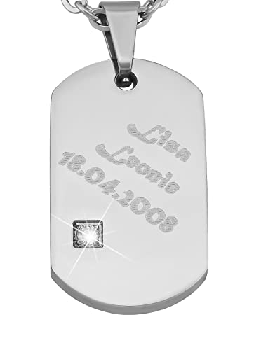 Hanessa Personalisierte Kette mit Gravur Edelstahl 50 cm mit Anhänger Dog Tag mit Strass-Stein in silber - Personalisierte Halskette für Freundin oder Freund - Personalisierter Schmuck Freundschaft von Hanessa