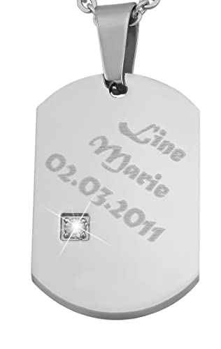 Hanessa Personalisierte Kette mit Gravur Edelstahl 50 cm mit Anhänger Dog Tag mit Strass-Stein in silber - Personalisierte Halskette für Freundin oder Freund - Personalisierter Schmuck Freundschaft von Hanessa