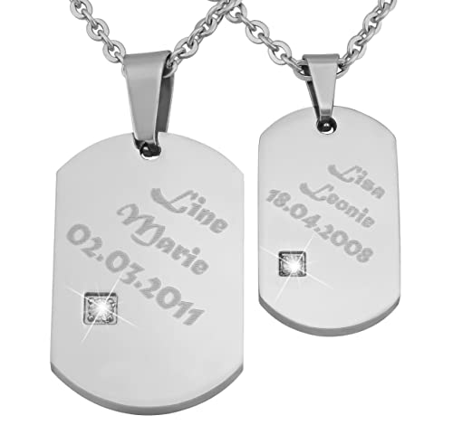 Hanessa 2 Stück Personalisierte Kette mit Gravur Edelstahl 50 cm mit Anhänger Dog Tag mit Strass-Stein in silber - Personalisierte Geschenke Damen Herren Freundin Freund - Partner Halskette Sie Ihn von Hanessa