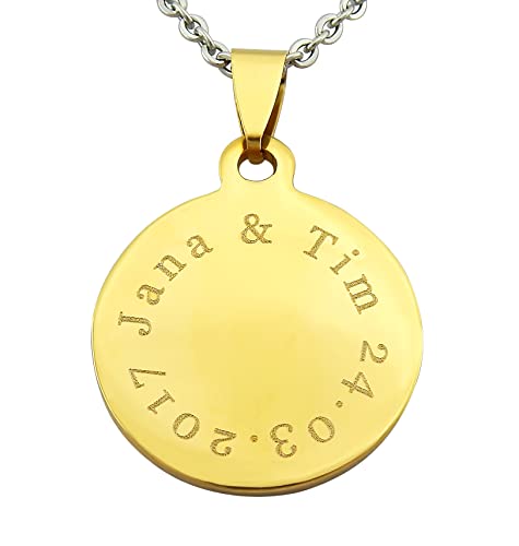 Hanessa Personalisierte Kette mit Gravur Edelstahl 50 cm mit Anhänger rund in gold - Personalisierte Halskette für Männer und Frauen - Personalisierter Schmuck Damen Herren von Hanessa