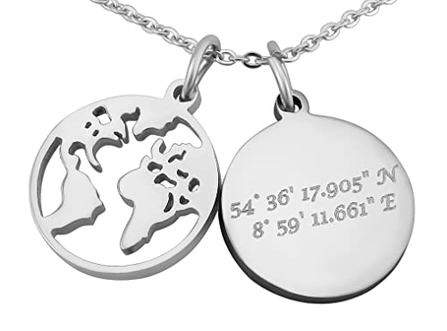 Hanessa Personalisierte Kette mit Gravur Edelstahl 50 cm mit Anhänger Weltkarte rund in silber - Personalisierte Halskette für Männer und Frauen - Personalisierter Schmuck Damen Herren von Hanessa