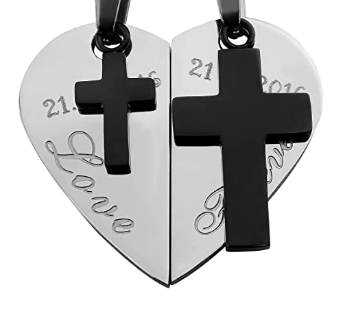 Hanessa 2 Stück Personalisierte Kette mit Gravur Edelstahl 50 und 60 cm mit Anhänger Herz mit Kreuz in silber schwarz - Personalisierte Geschenke für Damen Herren Freundin Freund - Partner Halskette von Hanessa