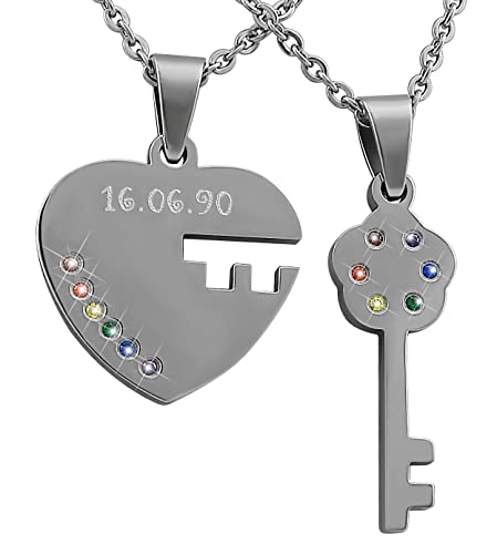 Hanessa 2 Stück Personalisierte Kette mit Gravur Edelstahl 50 cm mit Anhänger Puzzle Teil mit Strass-Stein in silber - Personalisierte Geschenke für Damen Herren Freundin Freund - Partner Halskette von Hanessa