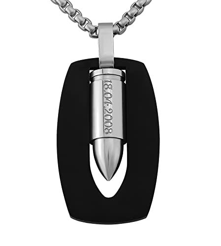 Hanessa Personalisierte Kette mit Gravur Edelstahl 50 cm mit Anhänger Pistolen Kugel Patrone in silber schwarz - Personalisierte Halskette für Männer Frauen - Personalisierter Schmuck Damen Herren von Hanessa