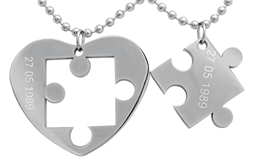 Hanessa 2 Stück Personalisierte Kette mit Gravur Edelstahl 60 cm mit Anhänger Herz Puzzle in silber - Personalisierte Geschenke für Damen Herren Freundin Freund - Partner Halskette für Sie und Ihn von Hanessa